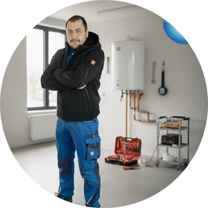 Montér stojící v místnosti s bojlerem a nářadím pro opravu.