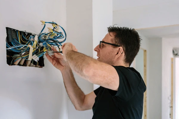 Elektrikář opravuje dráty v elektrické zásuvce na zdi.