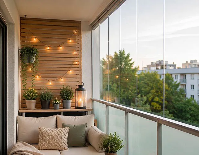 Moderní balkon s plasklenými stěnami a dřevěným obložením.