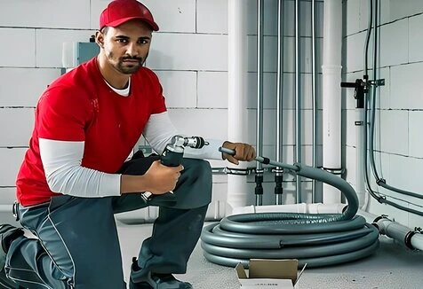 Plumber with tools and pipes