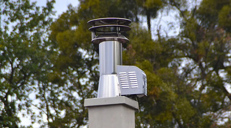Nerezový komínový ventilátor nainstalovaný na betonovém podkladu.