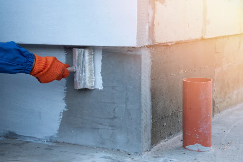 Pracovník nanáší venkovní hydroizolační nátěr na betonovou základnu.