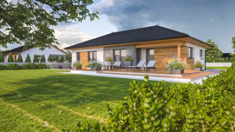 Moderní dřevěný bungalov s terasou a zahradou pro článek o projektech.