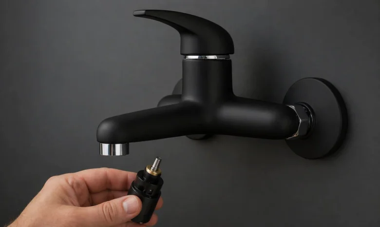 Ruka drží vyjmutý přepínač sprchy před baterií.