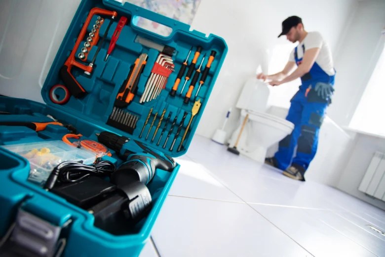 Plumber with tools and toilet repair
