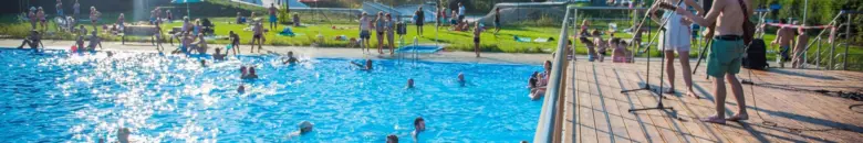 Venkovní bazén v Sušici s lidmi plavajícími a odpočívajících na trávě.