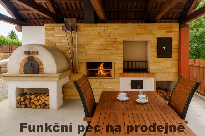 Venkovní pec na chleba s ohněm a dřevem pod střechou.