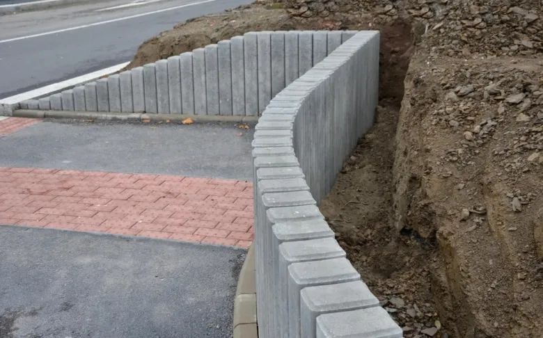Světlá fotografie šedých svahových tvárnic při stavbě.