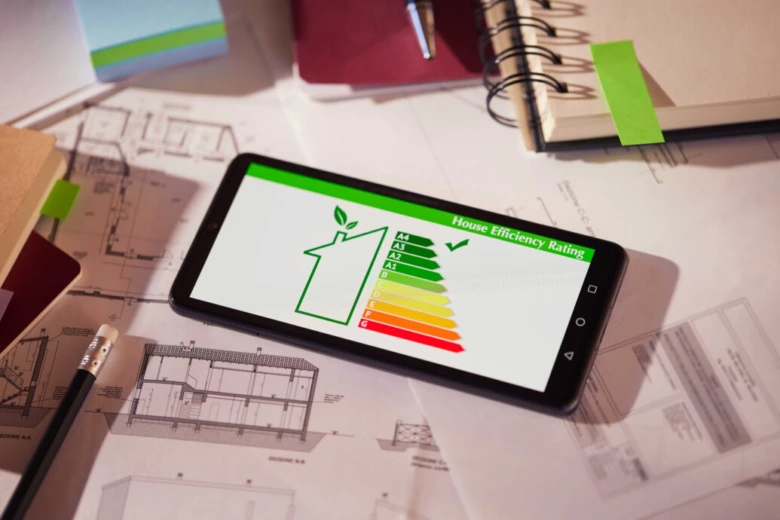Smartfon s energetickou třídou domu na plánech staveb.