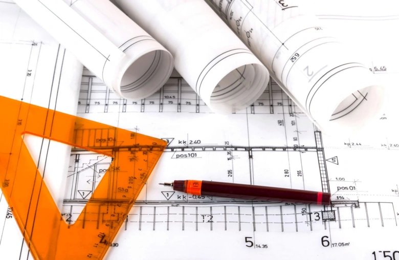 Architektonické plány s pravítkem a tužkou pro rekonstrukci domu.