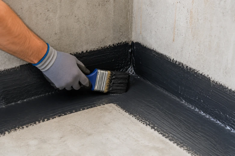 Ruční aplikace tekuté hydroizolace na betonový roh štětcem.
