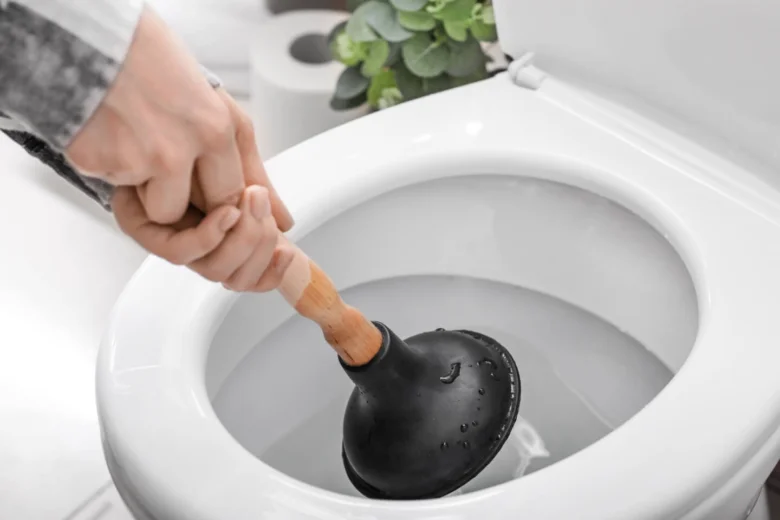 Ruka s hadicí v záchodové misě při odstraňování zácpy.