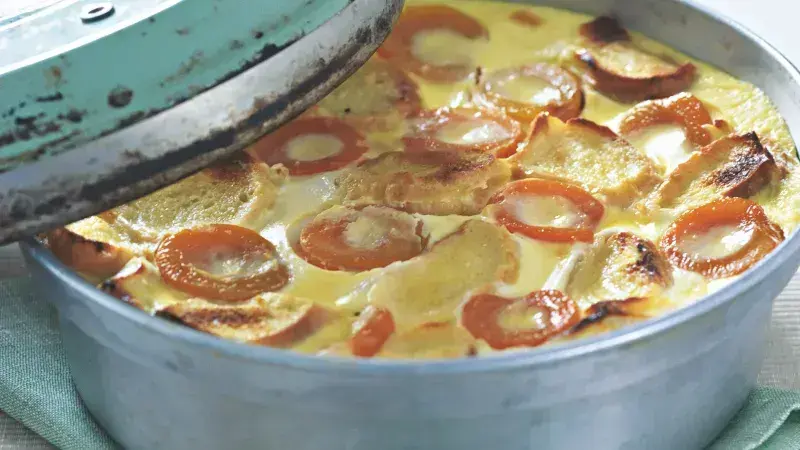 Apricot baked dish in pan