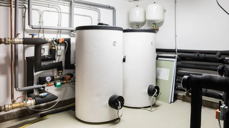 Dvě velké akumulační nádrže na teplou vodu s připojeným systémem potrubí a ventilů.