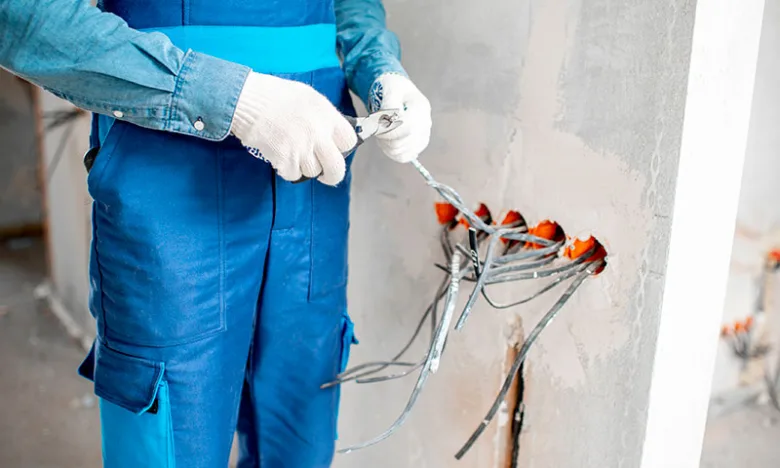 Elektrikář upravuje kabely v zdi při instalaci zásuvek a vypínačů.