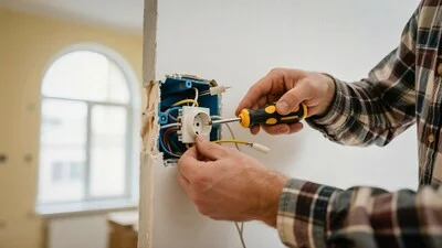 Elektroinženýr montuje zásuvku do zdi při rekonstrukci bytu.