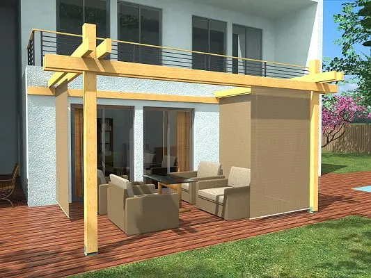 Dřevěná pergola s nábytkem připojená k domu pro venkovní posezení.