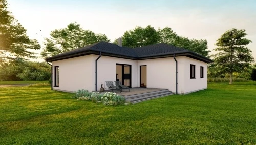 Moderní bílý bungalov do tvaru L s terasou na trávníku.
