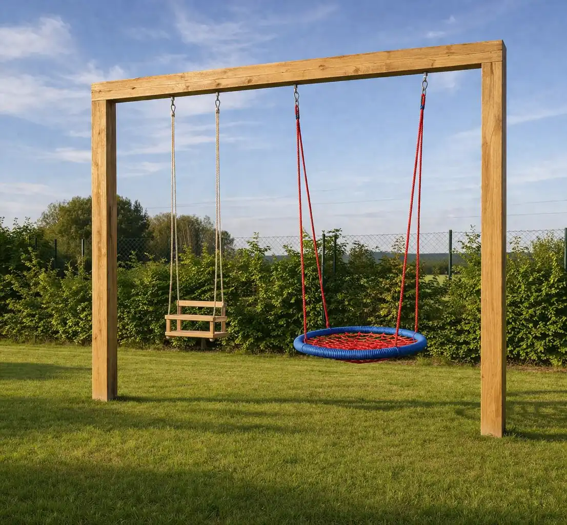 Wooden swing set frame with swings