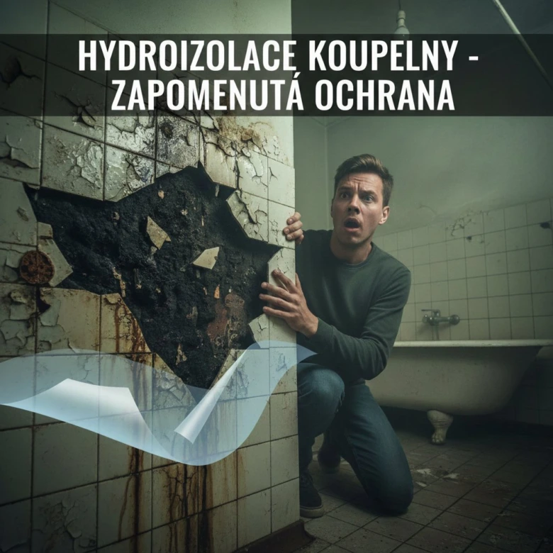 Muž kontroluje poškozenou koupelnu s plísní za odlepenými dlaždicemi.