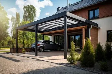 Moderní kovová pergola nad garáží s autem pod ní.