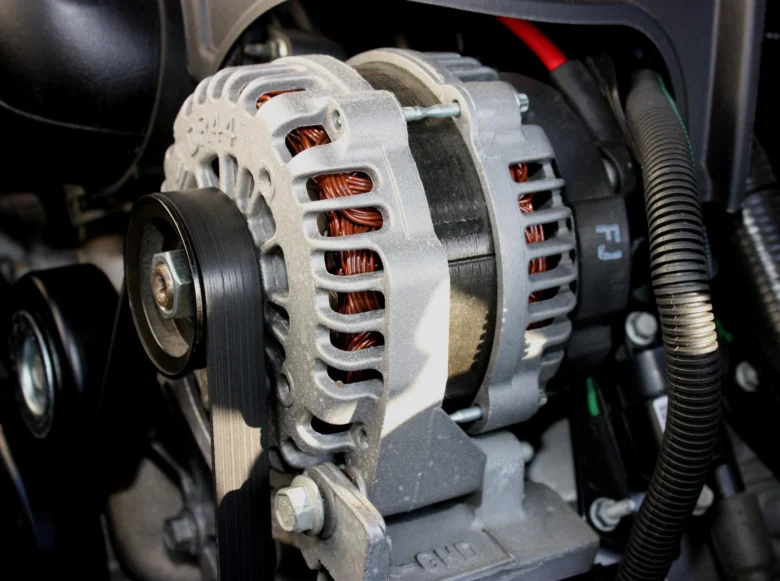 Detailní foto automobilového alternátoru s řemenem v motorovém prostoru.