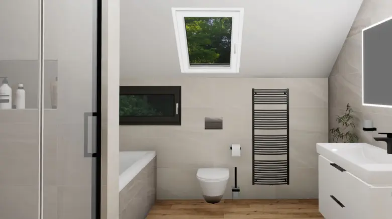 Moderní koupelna v podkroví s oknem do střechy