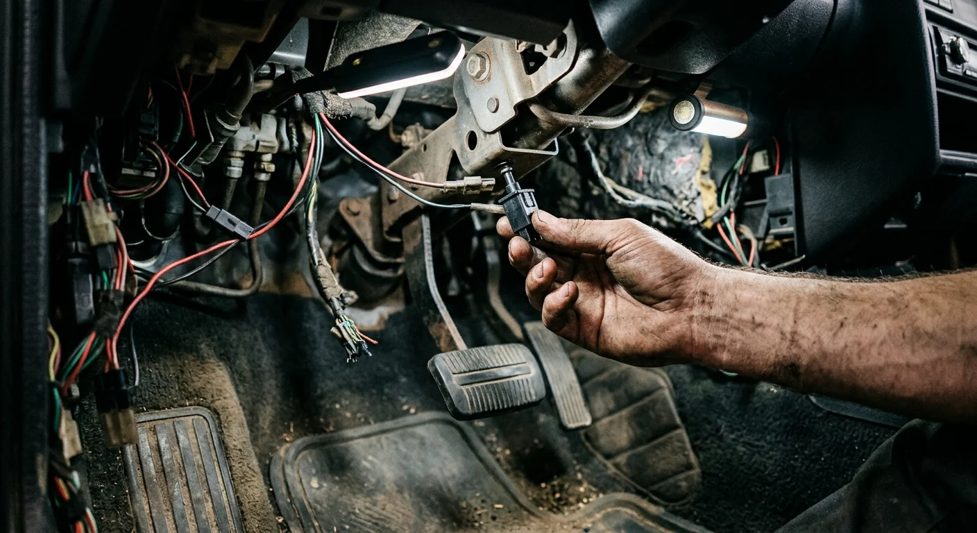 Mechanik drží elektrický konektor u autového pedálu při opravě.