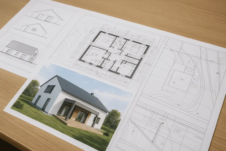 Architektonické plány domu s fotkou hotového stavby na dřevěném stole.