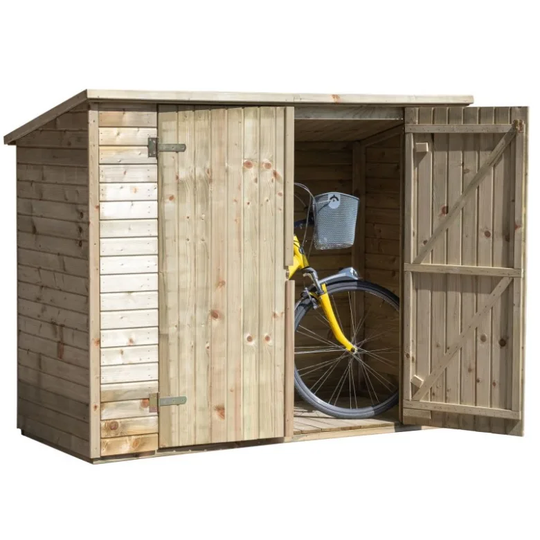 Wooden bike shed with bicycle inside