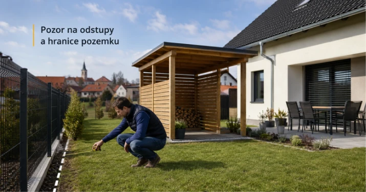 Muž měří vzdálenost od plotu k zahradní dřevěné stavbě.