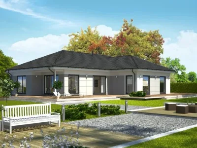 Moderní projekt bungalovu s velkými okny a zahradou.