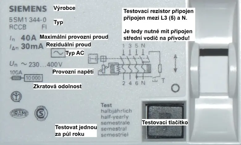Technické údaje proudového chrániče s diagramem zapojení.
