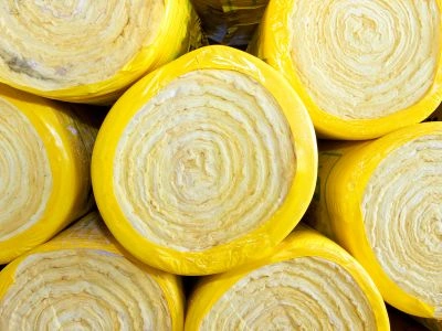 Žluté válcované izolační materiály s viditelnou vrstvenou strukturou.