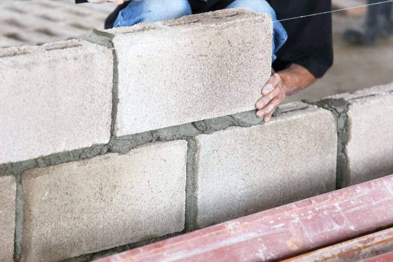 Stavebník kladí betonové bloky do cihlové zdi s maltou.