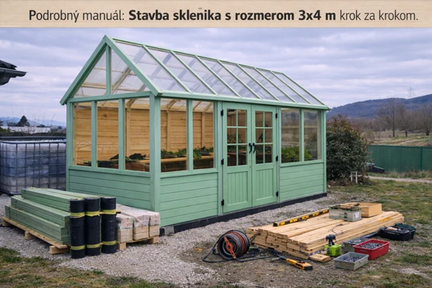 Stavba dřevěného skleníku s materiály a nářadím na pozemku.