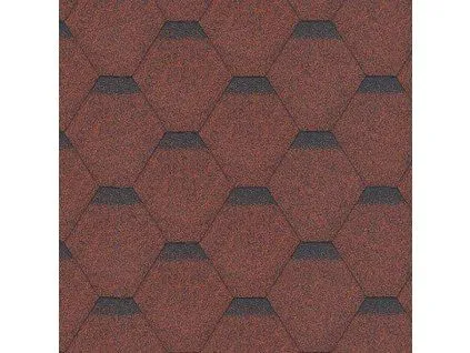 Detailní záběr na červenohnědý asfaltový šindel s tmavými výřezy.