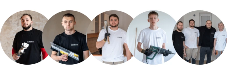 Tým stavebníků s nářadím pro rekonstrukci koupelny v Praze