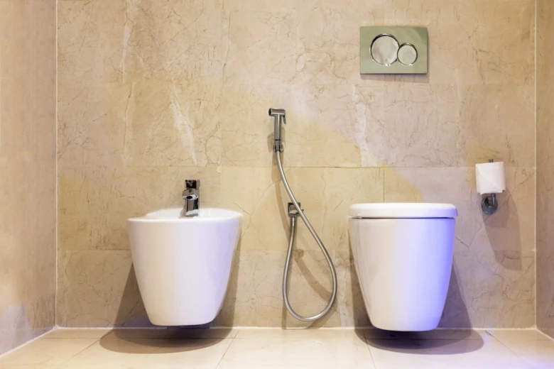 Bidet instalace vedle záchodu v koupelně s mramorovou dlažbou.