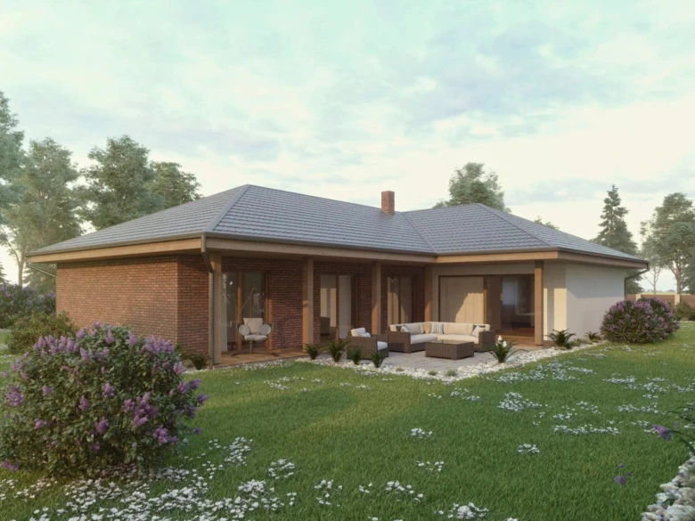 Moderní projekt bungalovu s zahradou a venkovním posezením.