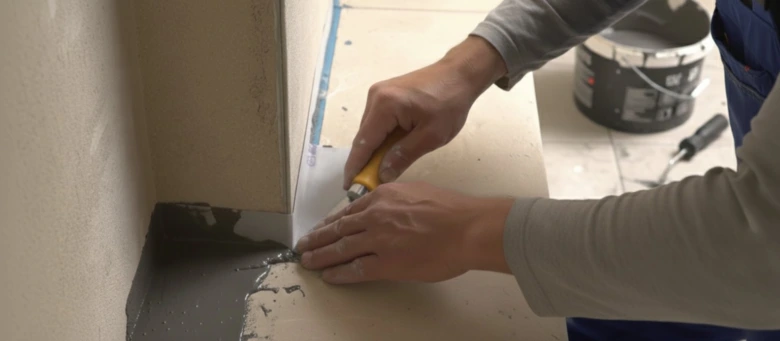 Pracovník nanáší hydroizolační hmotu na spodní část zdi v koupelně.