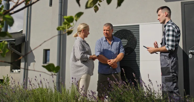 Technik vysvětluje elektrický tepelný čerpadlo rodině před domem.