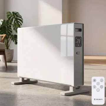 Bílý elektrický přímotop na zeď s dálkovým ovládáním.