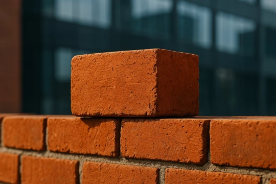 Jedna červená plná pálená cihla na zdi před kancelářskou budovou.
