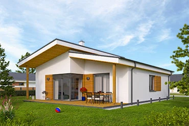Moderní rodinný dům s dřevěnou terasou na zelené trávě.