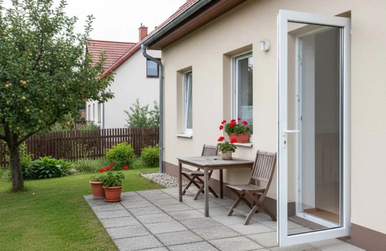 Dokončená montáž bílých skleněných dveří na terasu s zahradou.