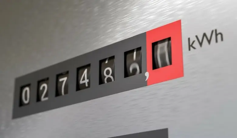 Analogový elektroměr ukazující spotřebu v kWh.