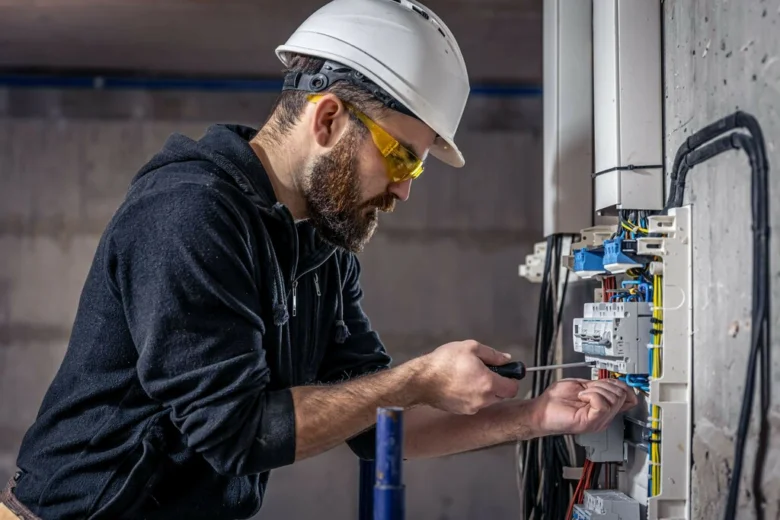 Elektrikář upravuje jističe v rozvaděči na betonové stěně.