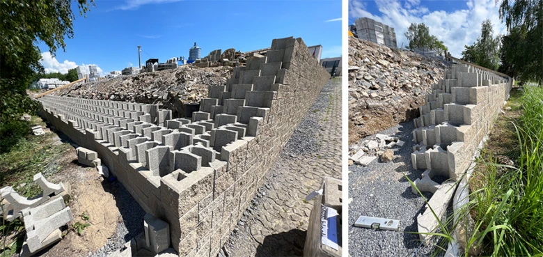 Konstrukce zpevněného svahu s betonovými bloky na zahradě.