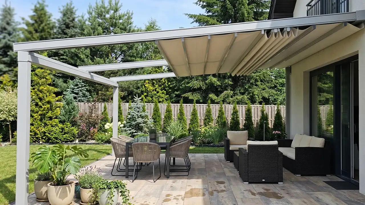 Moderní bílá pergola s rozkládacím stínidlem na zahradním terase